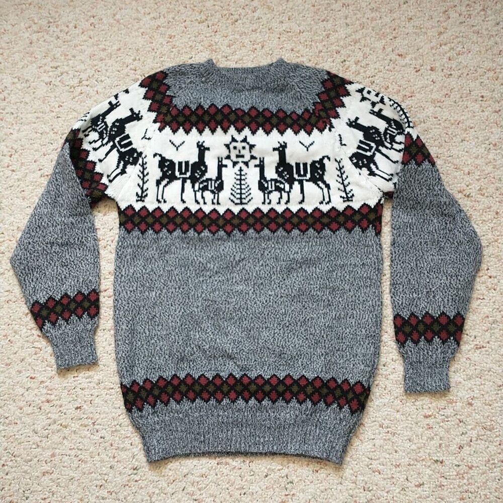 Ugly Sweater Women S Gray Reindeer Lama Fair Isle Hand Made Knit